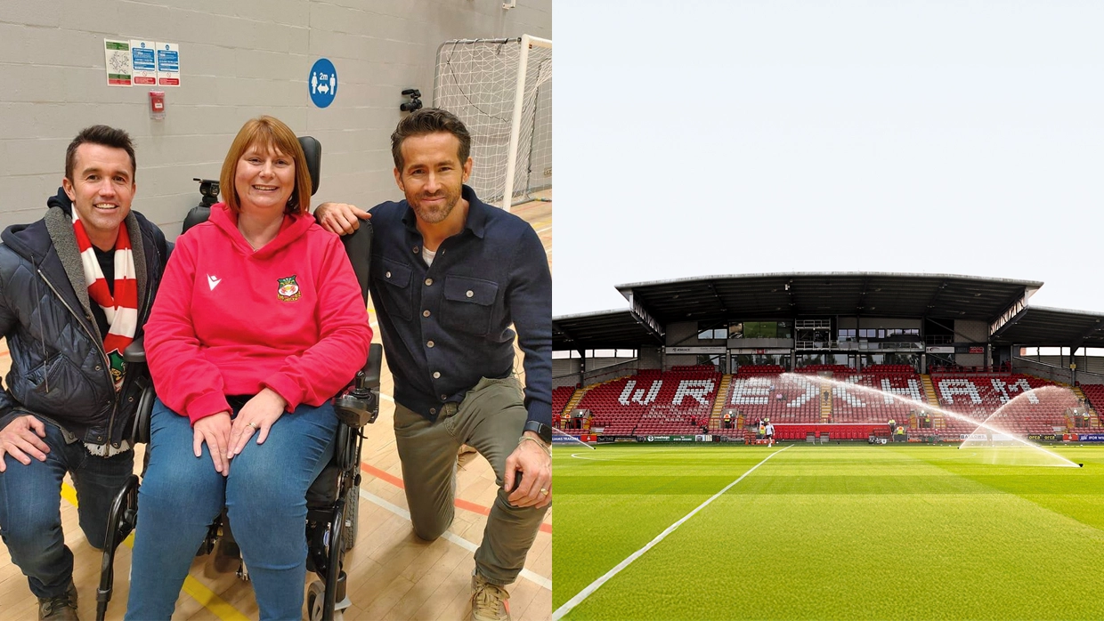 Kerry with Ryan Reynolds and Rob McElhenny and Wrexham stadium.webp
