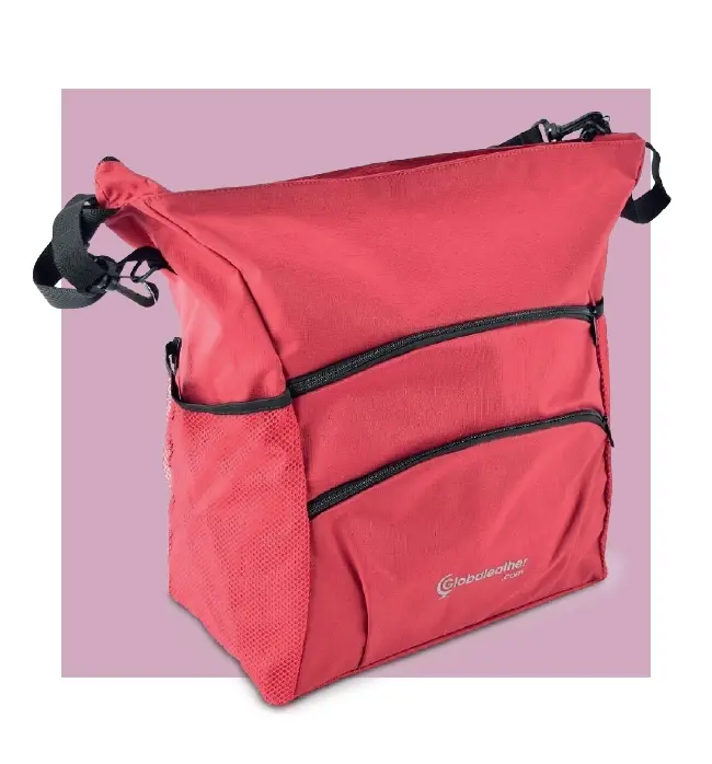 A detailed image of a red wheelchair bag over a pink background