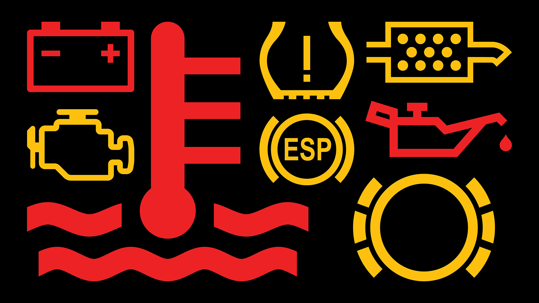 A collage image of car dashboard warning lights