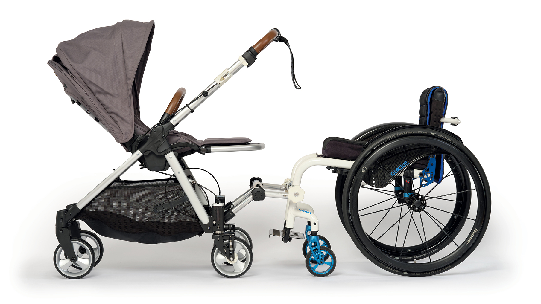 Picture of a black accessible pushchair in front of a white background 