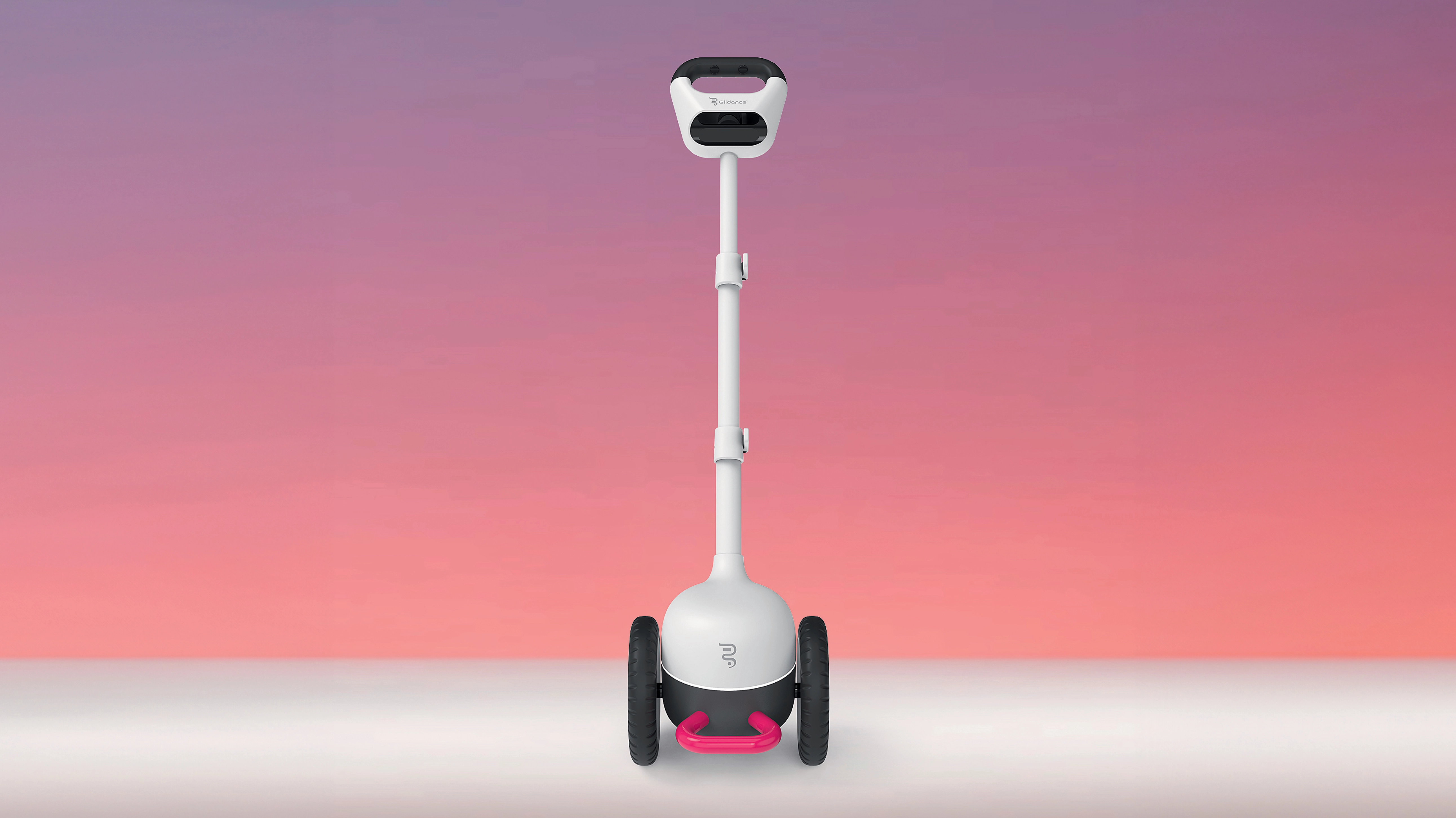 A photo of Glide in front of a pink and purple background