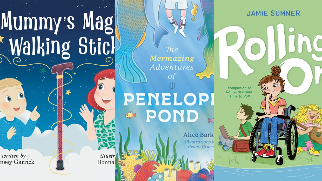 A collage of three children's book covers: Mummy's Magic Walking Stick, The Mermazing Adventures of Penelope Pond and Rolling On