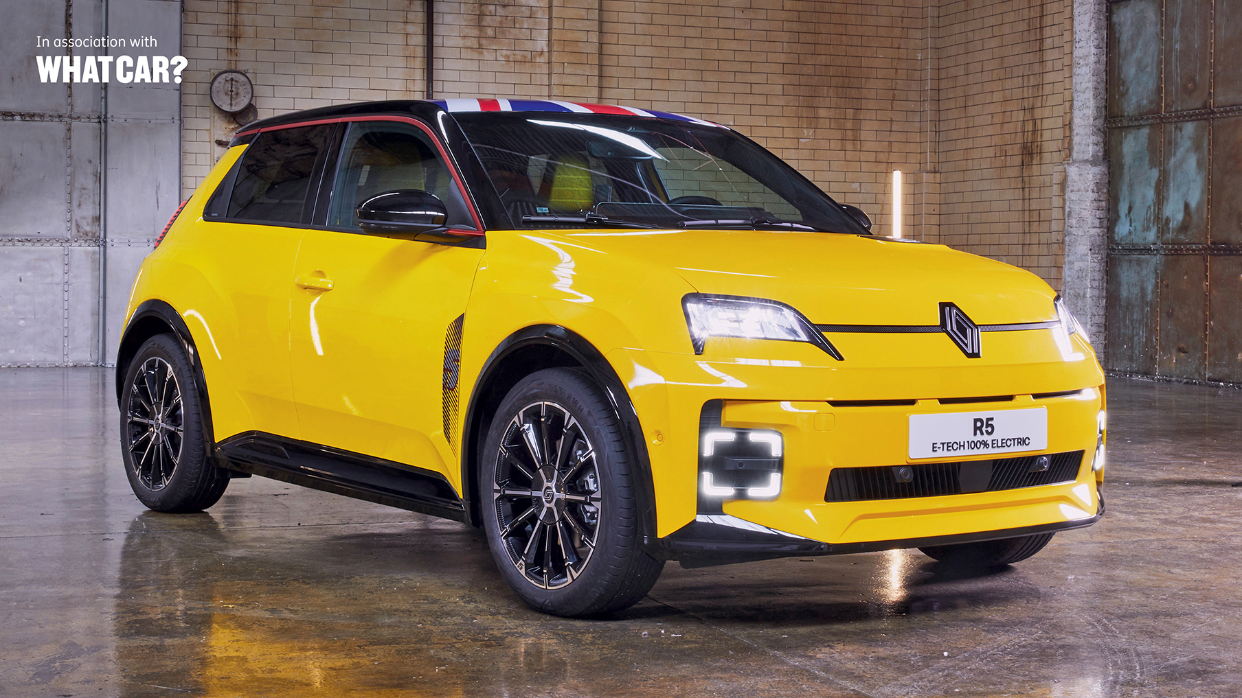 Yellow Renault 5 sat in a warehouse