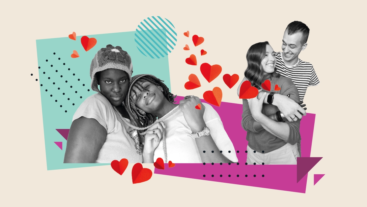 A photo collage of two couples cuddling up 