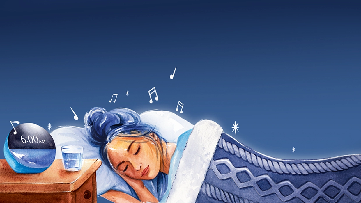 Illustration of a girl with blue hair sleeping in her bed next