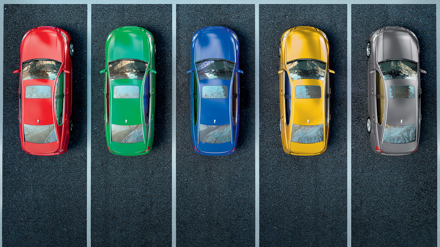 A bird's eye view image of five cars parked parallel to one another, each car is a different colour, from left to right they are red, green, blue, yellow, and silver 