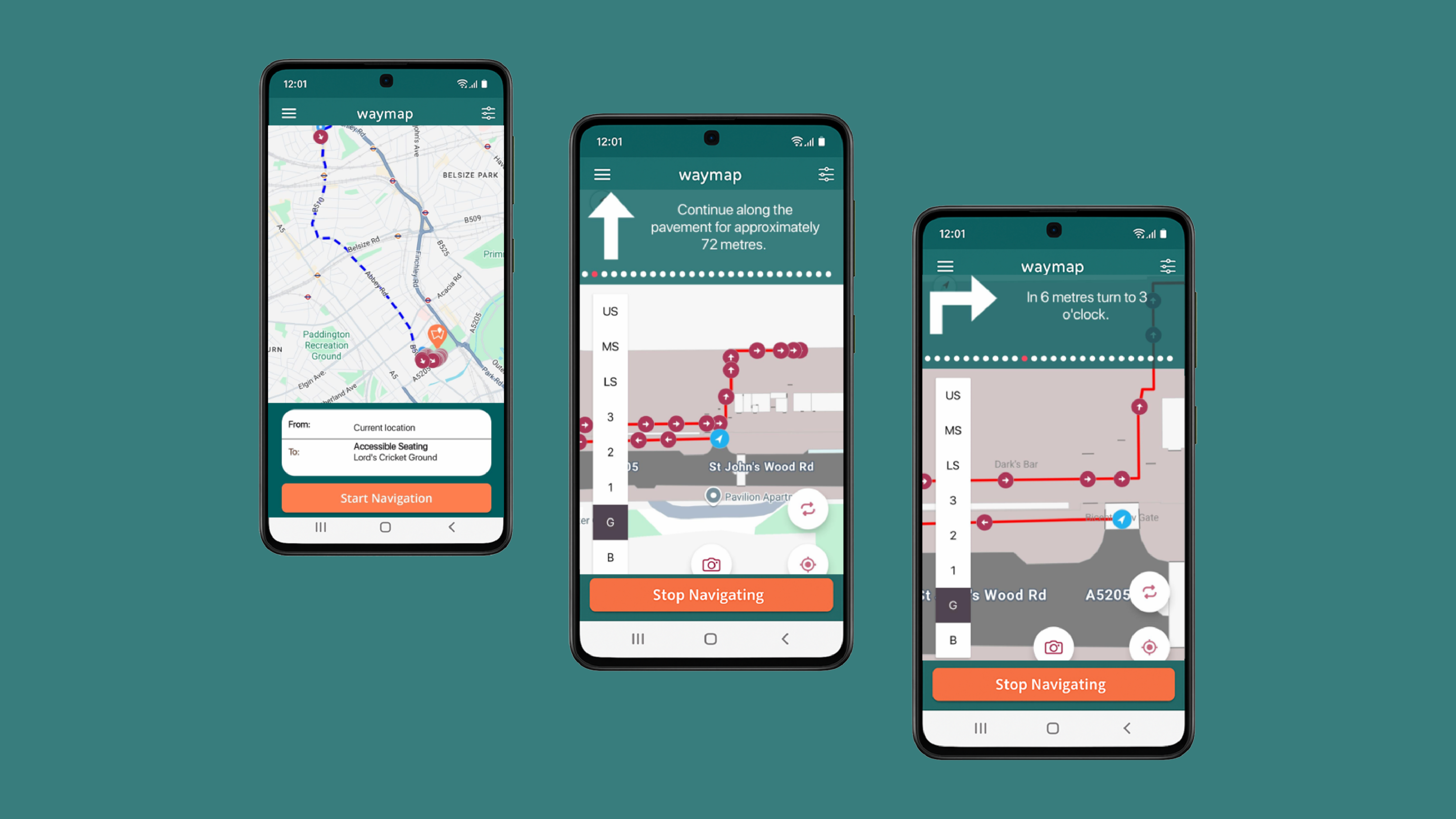 A visual display of the Waymap app shown on three separate smart phones, over a green background