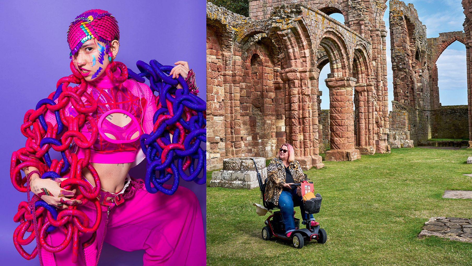 A model wearing pink rebirth garments which are an exhibit at the Design and Disability exhibition and a powered wheelchair user visiting an English Heritage site