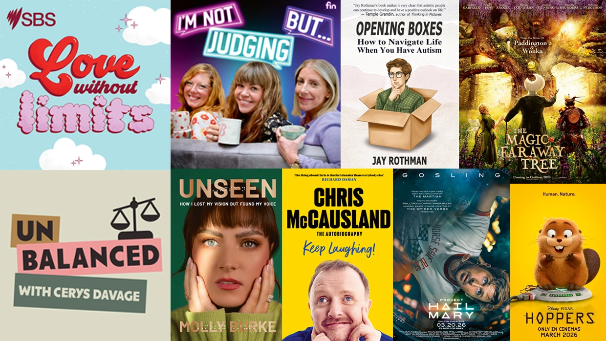 A collage of books, podcast and film covers.