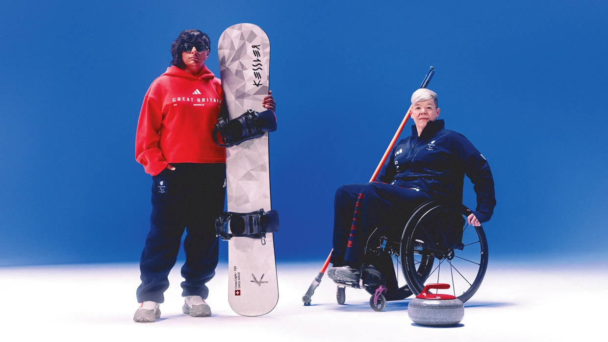 A para snowboarder next to a para hockey player 