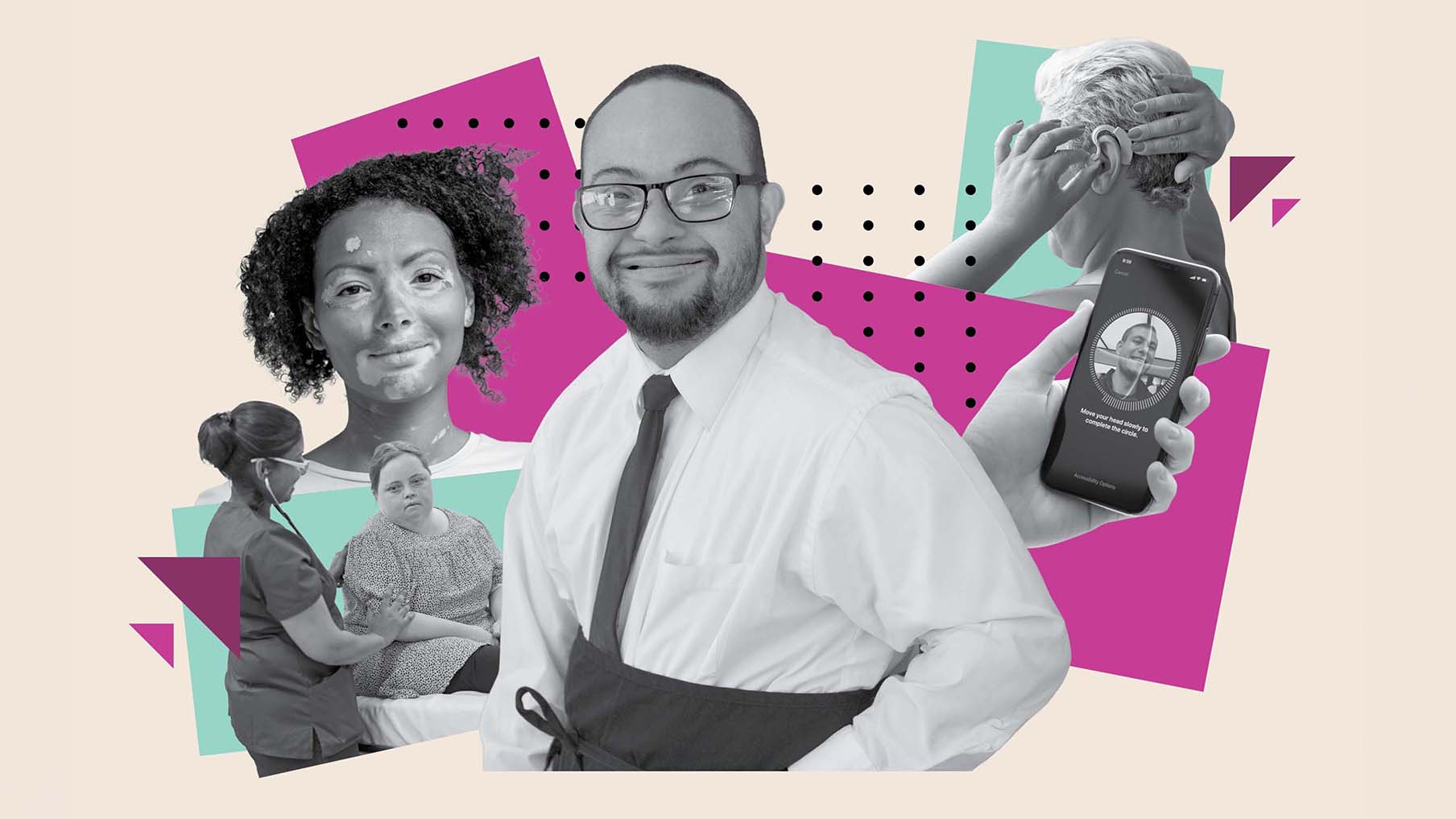 Image with multiple times photos. One with a man wearing glasses smiling. Another one with a women and her hearing aid. A hand holding a phone and more. 